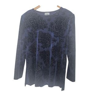 R&M Richards by Karen Wong Navy Black Paisley Velvet Long Sleeve Top 80s Size 10
